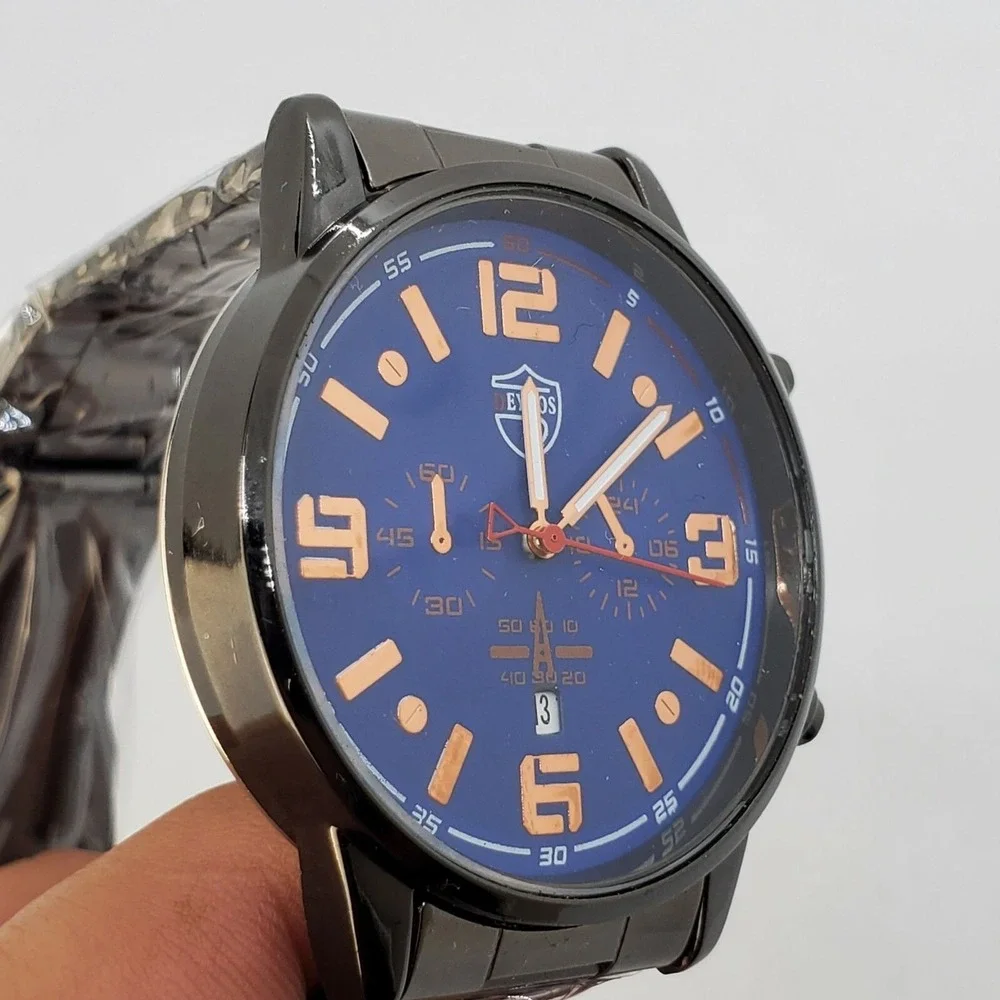 Men's Watch 42MM Blue‎ Dial Gold Numerals Date Indicator Black Bracelet 7